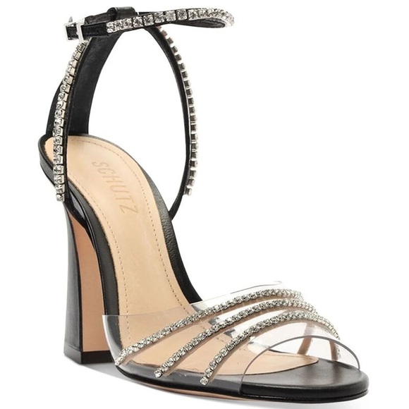 Schutz Black Rowena Transparent Leather Crystal Rhinestone Heeled Sandal NWT 7.5 - Picture 1 of 12